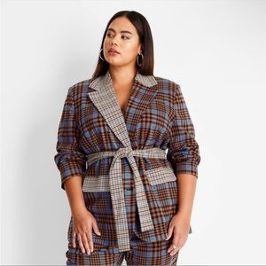 NWT Future Collective Kahlana Barfield Brown Plaid Tie-Front Blazer